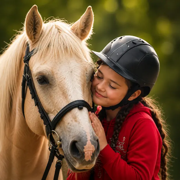 Mädchen mit Reithelm kuschelt mit Pferd während einer Reittherapie für Kinder in Köln.